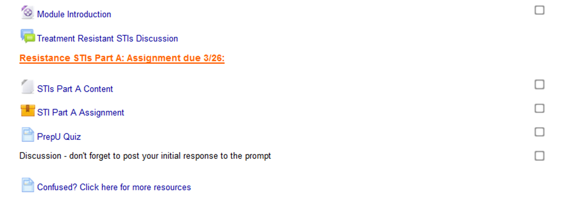 picture of the links and text present on each module's page. The links always share the same names, and are arranged in the same order.