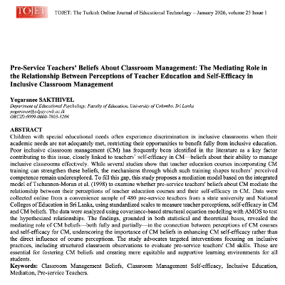 Pre-Service Teachers' Beliefs About Classroom Management: The Mediating Role in the Relationship Between Perceptions of Teacher Education and Self-Efficacy in Inclusive Classroom Management icon